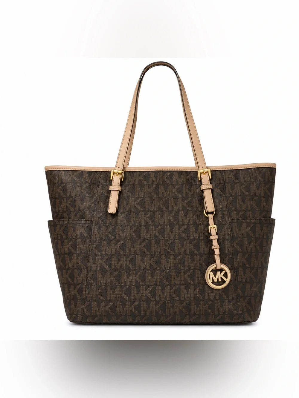 Michael Kors Brown Signature MK Logo Large Tote Shoulder Bag Gold Charm